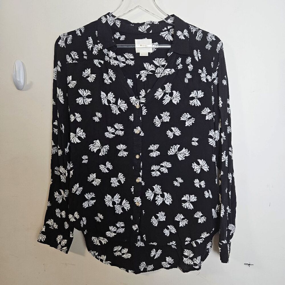 Maeve Anthropologie Long Sleeve Emory Bow Print Button Down Blouse Women's Black